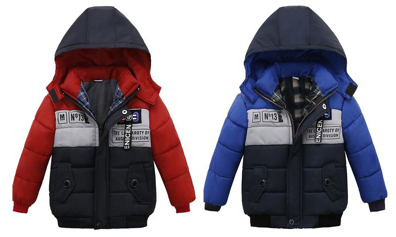 Baby Boy Padded Jacket N 13 Letter Printed Patchwork Contrast Color Embroider Hooded Zipper Snowsuit Designer Winter Down Coat Clothes 2-4T